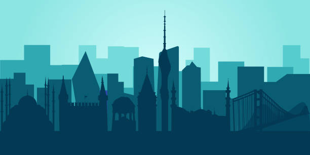 Silhouettes of Istanbul, vector illustration. Famous architecture landmarks Topkapi palace, Sultanahmet Mosque, German fountain, Galata Tower, TV tower, Bosphorus Bridge This illustration represents the country with its most notable buildings. Vector is fully editable, every object is holistic and movable abstract backgrounds architecture sunbeam stock illustrations