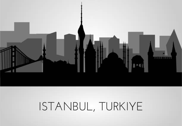 Silhouettes of Istanbul, vector illustration. Famous architecture landmarks Topkapi palace, Sultanahmet Mosque, German fountain, Galata Tower, TV tower, Bosphorus Bridge This illustration represents the country with its most notable buildings. Vector is fully editable, every object is holistic and movable abstract backgrounds architecture sunbeam stock illustrations