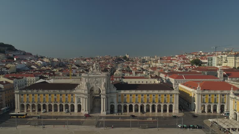 sunny day lisbon city famous triumphal arch square aerial panorama 4k portugal