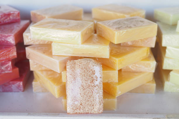 natural soap bar on table .