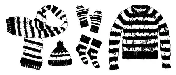 Vector illustration of Collection of drawn striped wool knitted clothing for cold weather, sweater, hat, mitten, scarf, black and white vector illustration isolated on white