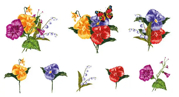 Vector illustration of Hand drawings of three small bouquets from colorful pansies and lily of the valley with butterfly, vector illustration isolated on white
