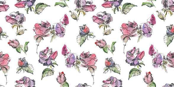 Seamless vector pattern of watercolor and ink drawings delicate roses with buds, background for textile,fabric, paper,wallaper