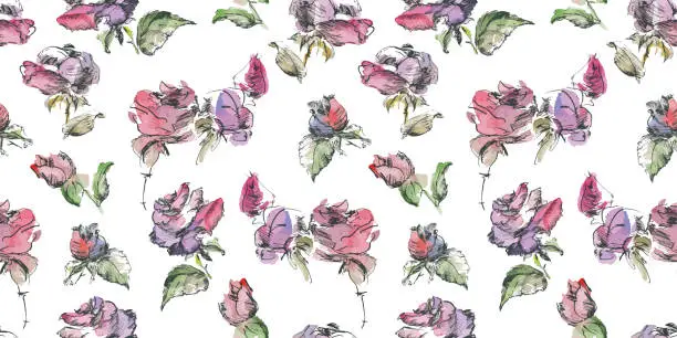 Vector illustration of Seamless vector pattern of watercolor and ink drawings delicate roses with buds, background for textile,fabric, paper,wallaper