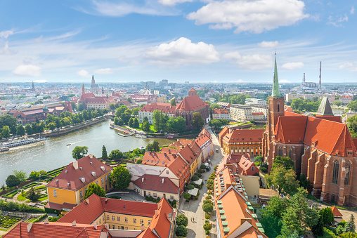 Aerial view of Old Town and Odra river in Wroclaw, Poland