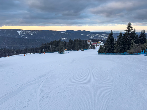 Aerial view of snowy mountain with by drone