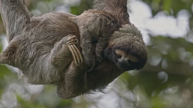 Adorable cute faced Sloth hangs casually from rainforest tree Costa Rica CLOSE-UP