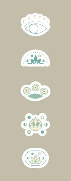 Vector illustration of Cartoon Boho Yoga Meditation Stickers, Fun plants icons, Line drawing, Flowers, trees, herbs and leaves, Yoga Meditation design