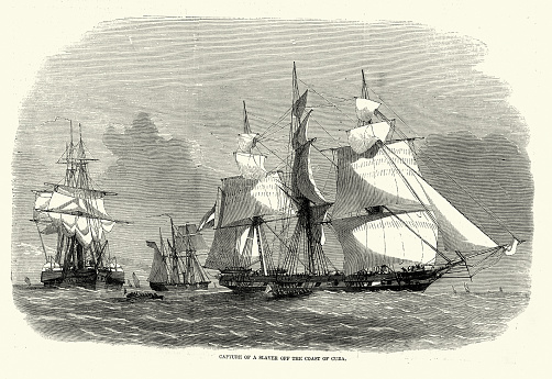 Vintage illustration Capture of the slave ship Emilia by HMS Styx and Jasper of the Royal Navy off the coast of Cuba, 19th Century, 1850s.