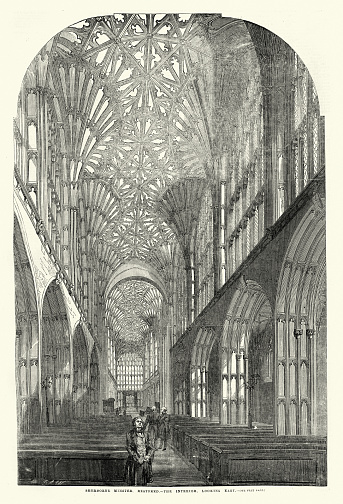 Vintage illustration Sherborne Minster, Interior looking east, 19th Century, 1850s.