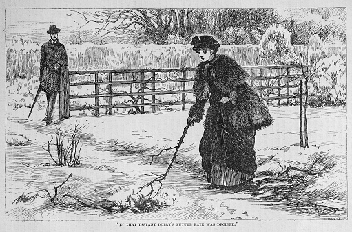 Illustration from Harper's Magazine Volume XLV -June to November 1872  :-  A young woman in a fur coat pokes with a stick at emerging spring flowers growing through the snow as a tall young man watches while standing by a fence.