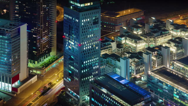 night illumination dubai city roof top street panorama 4k timelapse uae
