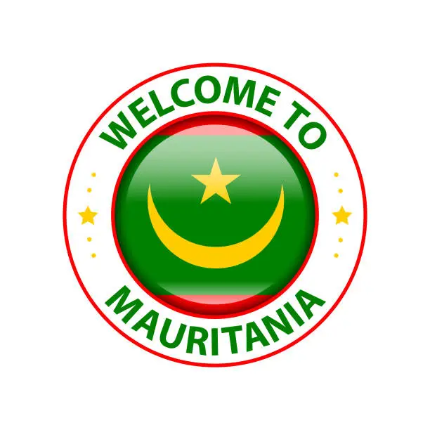 Vector illustration of Welcome to Mauritania. Vector Stamp. Glossy Icon with National Flag. Seal Template