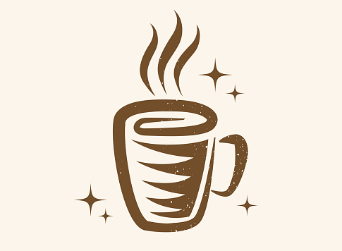 Vector illustration of a cup of coffee or tea in retro style. Vintage logo of hot drink for cafe. Vector icon of coffee or tea mug.