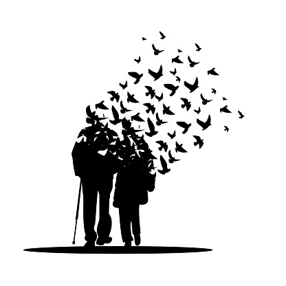 Abstract old man and woman silhouette with different thoughts and flying birds isolated on white background