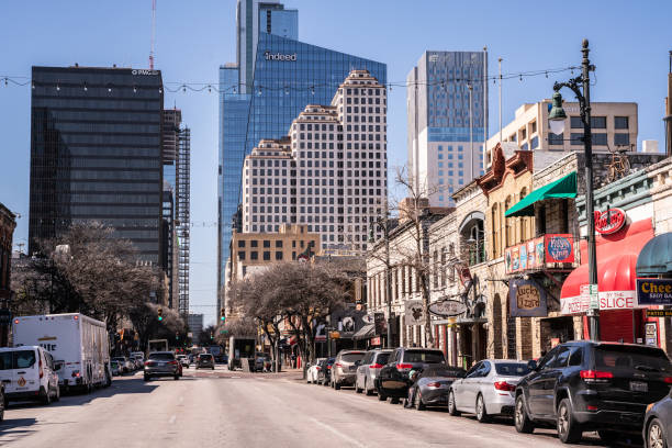 Austin, Texas - February 22, 2024:  View of historic Sixth Street known for its many live music bars in downtown Austin Texas