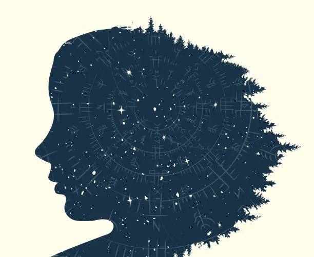 Vector illustration of Space woman head with forest