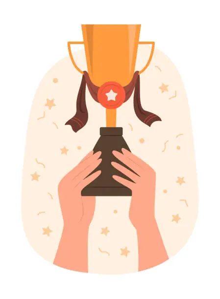 Vector illustration of Human Hands Raise a Golden Trophy for Winning Prize Concept Illustration