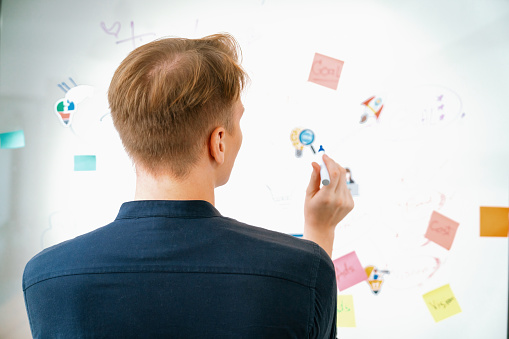 Shot of a young businessman brainstorming with notes on a glass wall in an office