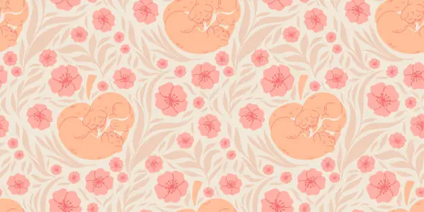 Vector illustration of Seamless pattern with two cute cats, leaves and flowers in trendy peach color palette.