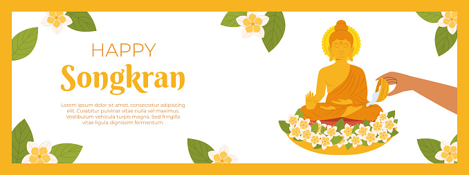 Songkran, Bathing the Buddha statue, blessing holy water and pay respect for traditions. Thailand New Year. Vector horizontal banner template in flat style for celebrating.