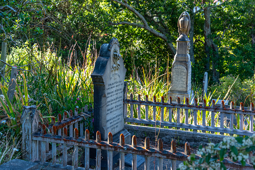 Wellington, New Zealand - December 23, 2022 - Old gravestones at Bolton Street Cemetery in Wellington, New Zealand