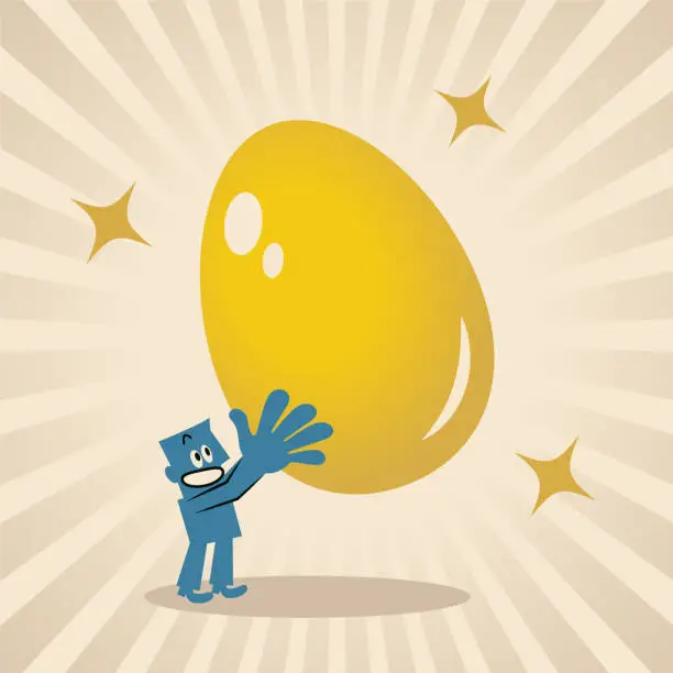 Vector illustration of A smiling blue man carrying a big gold Easter Egg, Happy Easter, Easter Greetings with Sunbeam