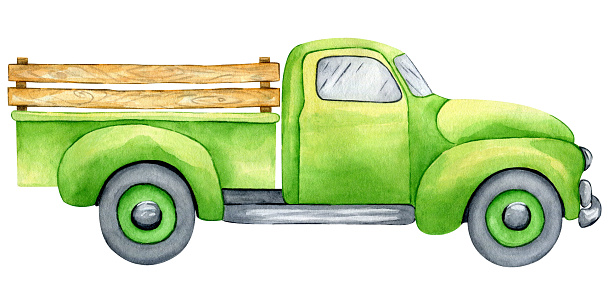 Watercolor green truck isolated on white background. Old american car. Hand painted harvest truck. Retro style pickup. Rustic auto