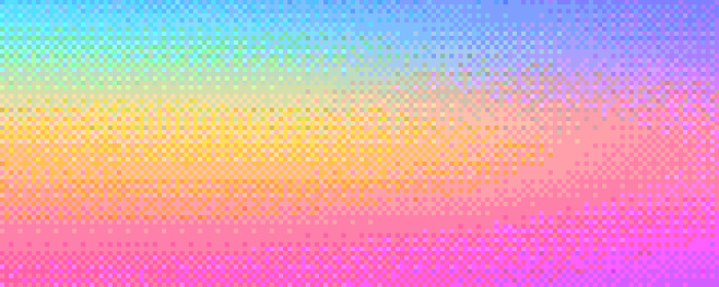 Pixelated rainbow holographic blurred gradient background with dithering effect. Colorful pixel art mosaic texture in summer tones. Vintage retro video game background. Vector illustration in 8-bit style