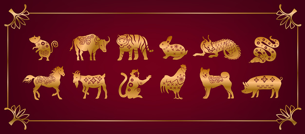 Chinese Zodiac, 12 Year Cycle Animals Symbolizing Personality Traits And Fortune. Rat, Ox, Tiger, Rabbit, Dragon and Snake, Horse, Goat or Monkey, Rooster, Dog And Pig Golden Vector Zodiac Signs