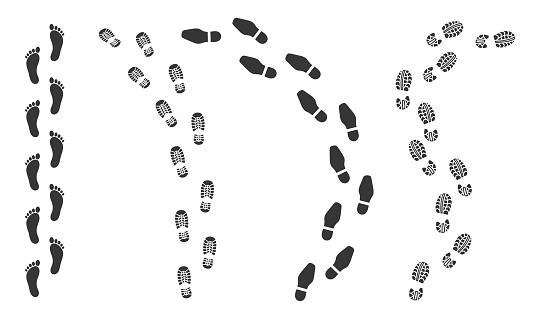 Foot Print Trails, Shoe Sole And Barefoot Prints Paths Vector Set. Imprints Of Various Footwear And Human Feet, Black Silhouettes Isolated Steps And Walking Traces Isolated on White Background