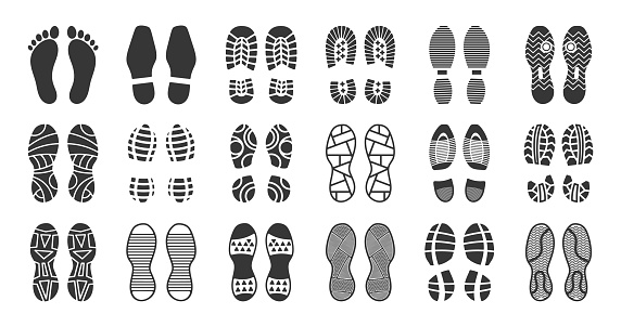 Vector Set Featuring Black Silhouettes Of Various Shoe Soles Prints, Including Boots, Sneakers And Foot Imprints, Depicting Human Steps, Trails And Walks, Isolated Monochrome Icons on White Background