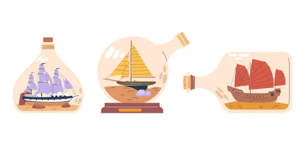 Vector illustration of Miniature Ship Models Inside Glass Bottles. Intricate Nautical Vessels Meticulously Crafted And Assembled Through Neck