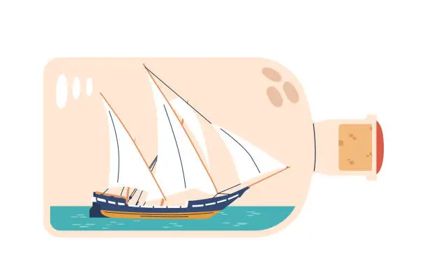 Vector illustration of Miniature Ship or Yacht Within Bottle Represent Detailed, Tiny Vector Replica, Displaying Exceptional Skill