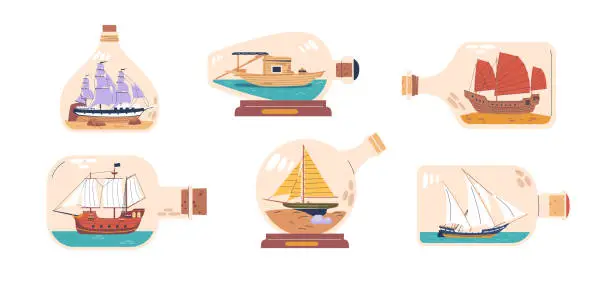 Vector illustration of Vector Set Of Glass Bottles With Miniature Ships Inside. Sailing Craft Models Of Marine Vessels. Hobby And Sea Theme