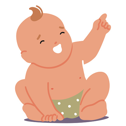Baby Pointing Gesture Captures The Essence Of Wonder In Tender Pose. Toddler Sitting on Floor, Tiny Finger Extend, Chubby Hand Poised With Curiosity, Fixated On Discovery. Cartoon Vector Illustration