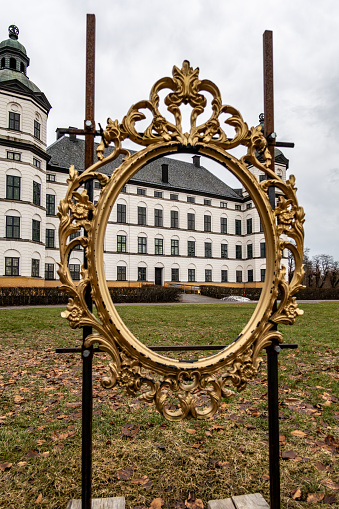 Skokloster, Sweden Feb 24, 2024 A gilf frame for selfies at the Skokloster Swedish Baroque castle in the winter built in 1676 by Carl Gustaf Wrangel.