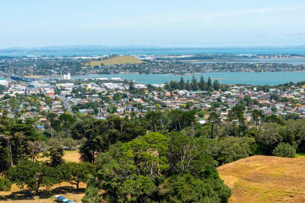 Auckland, New Zealand - January 25, 2023 - Panoramic view of Auckland from One Tree Hill Park, New Zealand