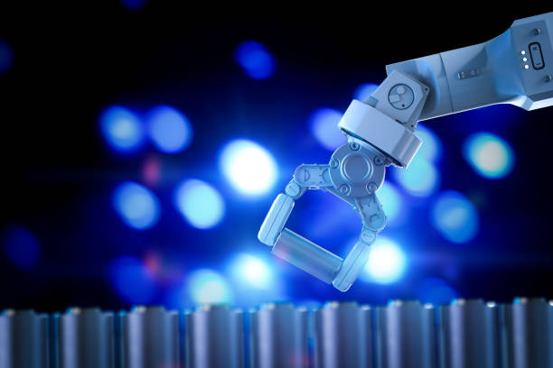 Robot arm. Robotic equipment. Droid looks at his hand. Mechanism Blue chela of a robot. Robotics Modern technologies. futuristic car. Red robot close-up. Concept - small robots. Eye.