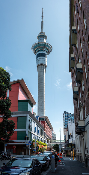 Auckland, New Zealand - January 25, 2023 - Close view of Sky Tower in Auckland, New Zealand