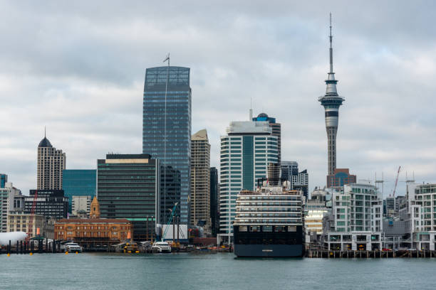 Auckland, New Zealand - January 25, 2023 - Panoramic view of the Auckland skyline from seaside, New Zealand