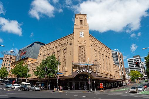 Auckland, New Zealand - January 28, 2023 - Facade of Auckland's Civic Theatre, New Zealand