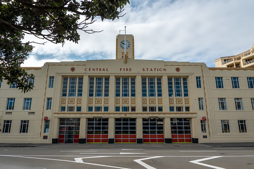 Wellington, New Zealand - January 18, 2023 - Famous Art Deco building in Wellington, the Central Fire Station, New Zealand