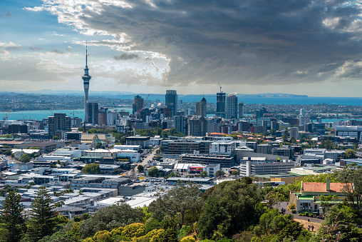 Auckland, New Zealand - January 28, 2023 - View on Auckland Central Business District from Mount Eden Volcanic Park, New Zealand