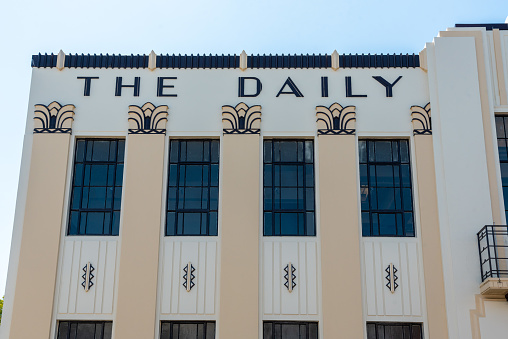 Napir, New Zealand - January 19, 2023 - Art Deco building The Daily Telegraph in downtown Napier, North Island of New Zealand