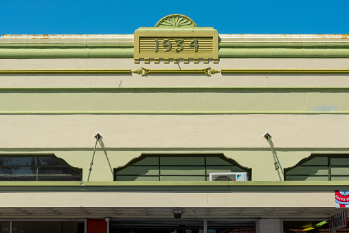 Napir, New Zealand - January 19, 2023 - Famous Art Deco buildings in downtown Napier, North Island of New Zealand