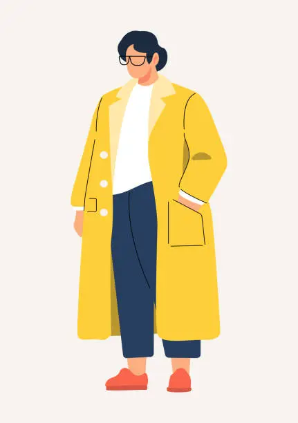 Vector illustration of Flat Character, minimalist vector illustration, stylized illustration of a person wearing trendy a yellow coat, dark pants, red shoes, and glasses against a light background