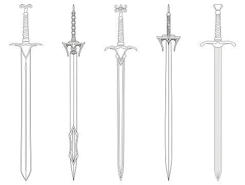 Sword line art SET. Ancient Longsword. Saber. Blade Tattoo. Vector illustration isolated on white background.