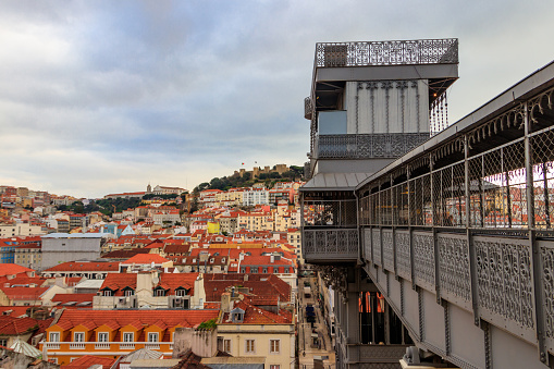 Lisbon, Portugal - January 26, 2023: Santa Justa lift in Lisbon, Portugal. Famous landmark and entertaining tourist attraction with viewing platform upstairs