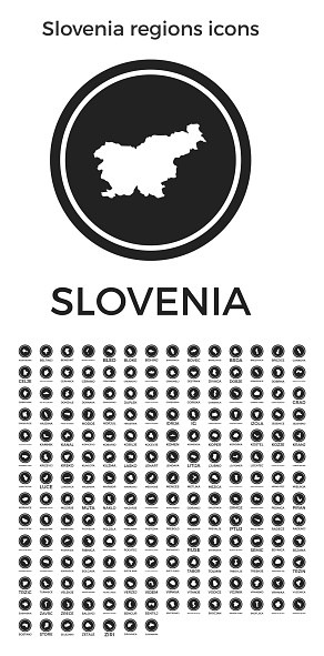 Slovenia regions icons. Black round logos with country regions maps and titles. Vector illustration.